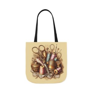 Vintage sewing tote bag with gold thimble, ornate scissors, and pastel thread spools – By T Larkin