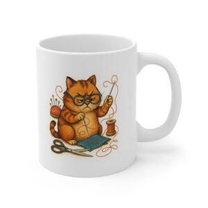 Funny sewing mug featuring a grumpy orange cat sewing with needle, thread, and scissors — hilarious sewing themed gift for quilters and cat lovers | By T Larkin.