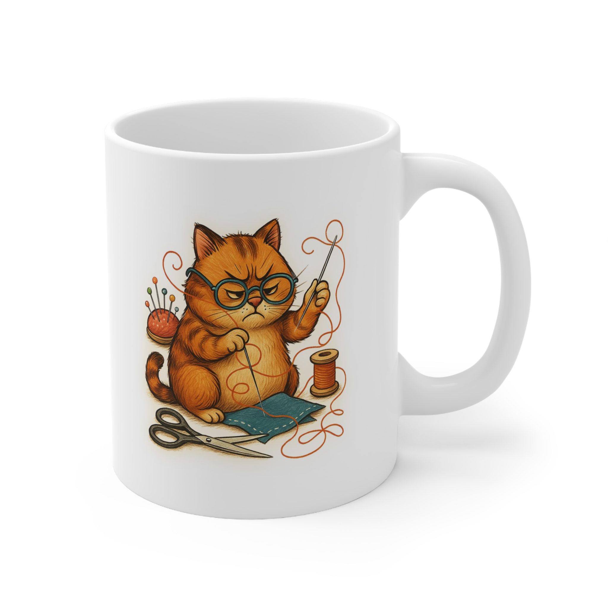 Funny sewing mug featuring a grumpy orange cat sewing with needle, thread, and scissors — hilarious sewing themed gift for quilters and cat lovers | By T Larkin.