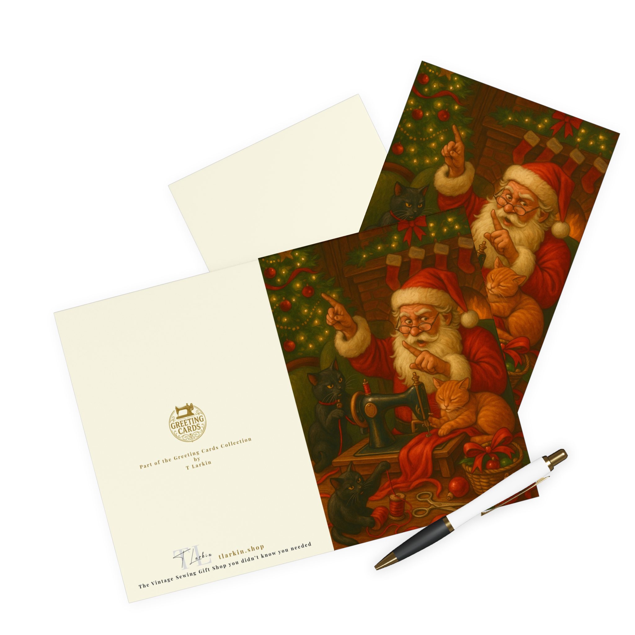Sewing Christmas Card – Santa Sewing with Naughty Cats, Festive Gift for Sewing Lovers (Pack of 5) - Image 3