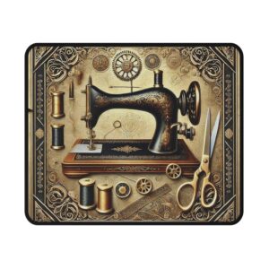 Gold filigree sewing mouse mat featuring an ornate vintage sewing machine with scissors and spools of thread on a detailed golden background — luxury sewing themed gift | By T Larkin.