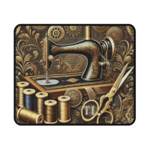 Luxury sewing mouse mat featuring a gold ornate sewing machine with golden scissors and spools of thread on a detailed black and gold background — elegant sewing gift | By T Larkin.
