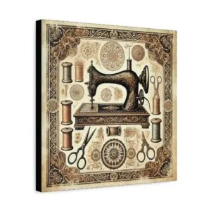 Vintage sepia sewing machine artwork with thread spools, scissors, and ornate motifs printed on a 16x16 sewing canvas print | by T Larkin.