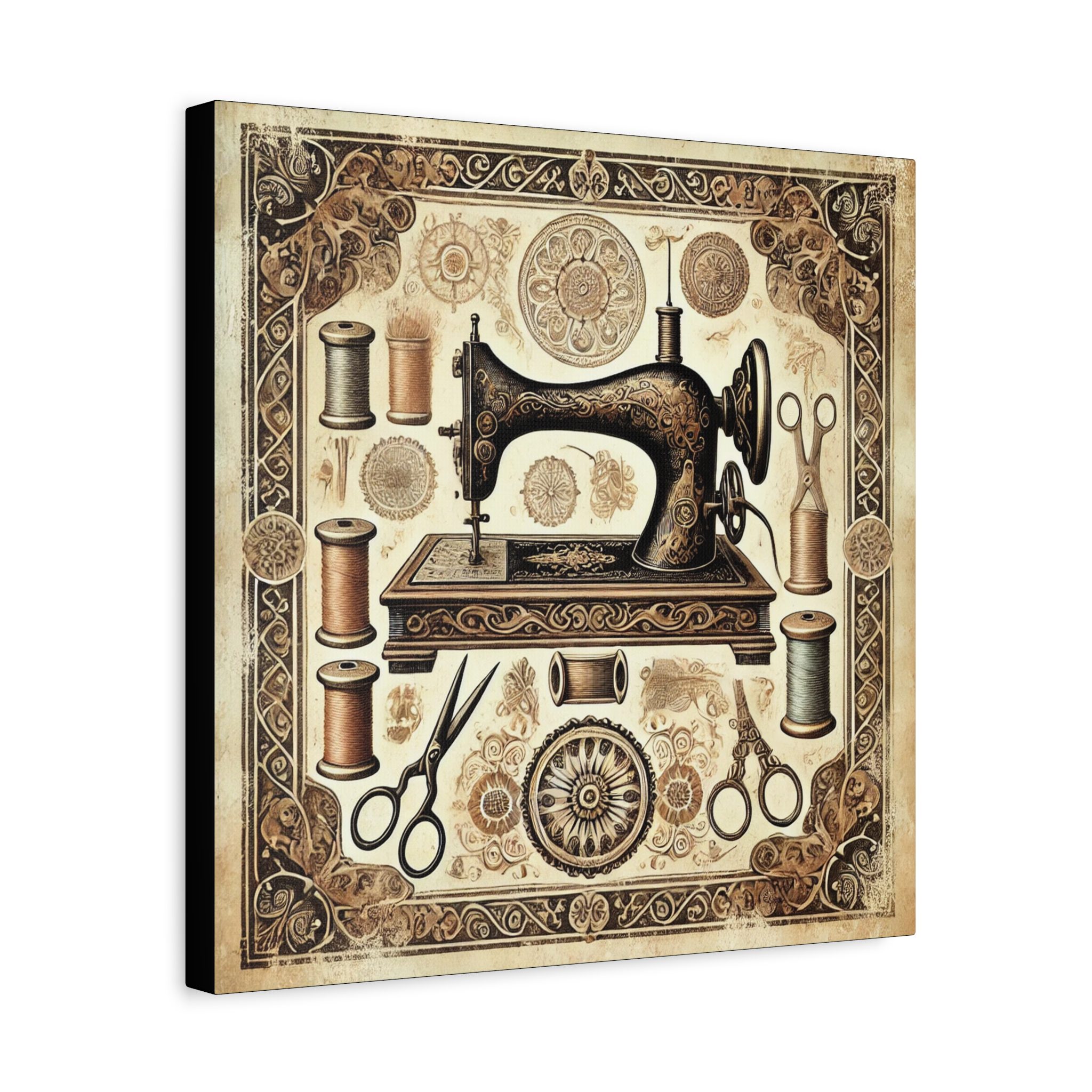 Vintage sepia sewing machine artwork with thread spools, scissors, and ornate motifs printed on a 16x16 sewing canvas print | by T Larkin.