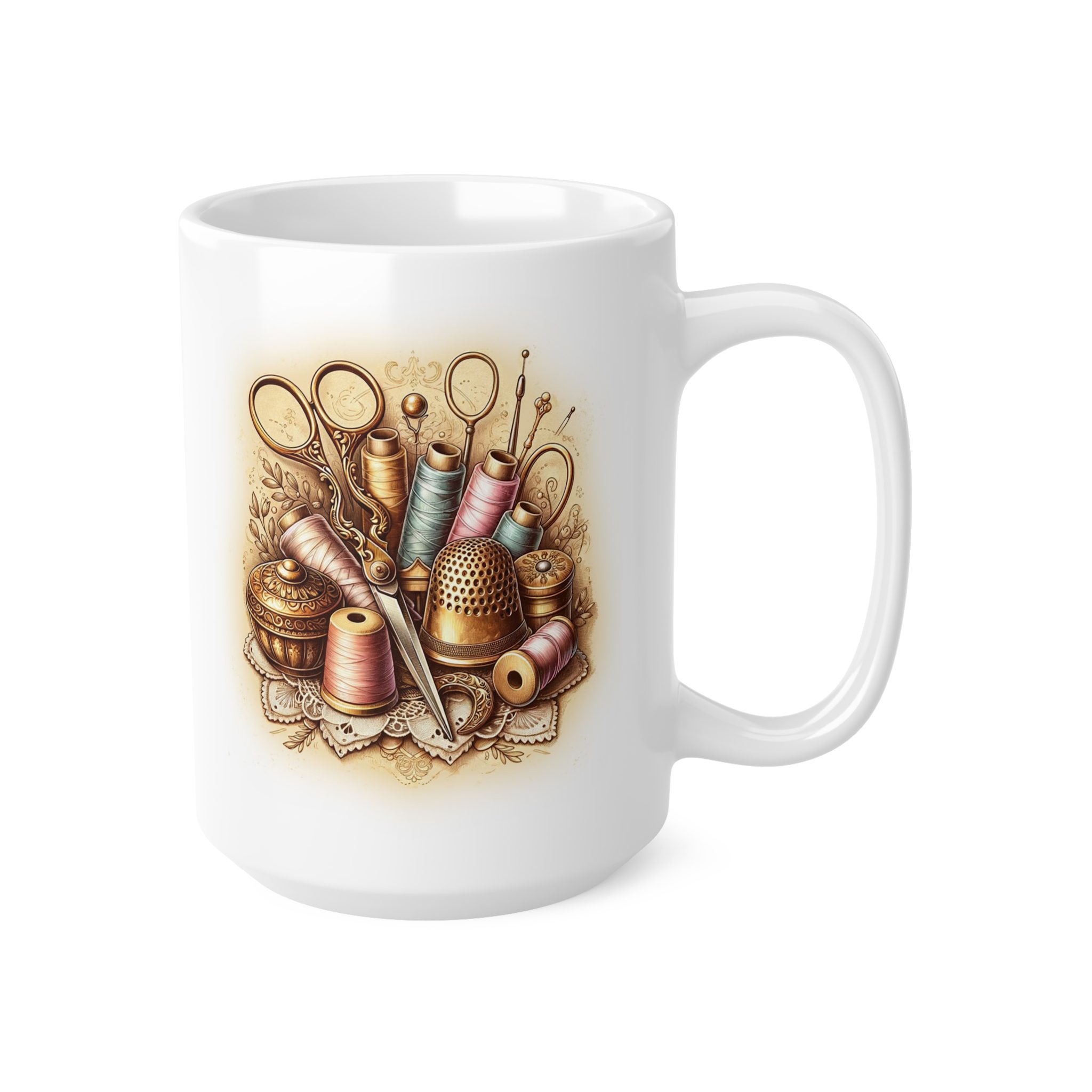 Sewing Mug – Vintage Sewing Tools & Thimble Design, Elegant Gift for Quilters & Sewing Lovers - Image 9