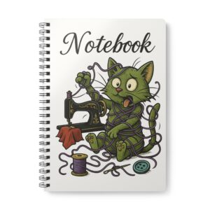 Funny sewing journal featuring cat tangled in yarn beside vintage sewing machine – perfect gift for sewing lovers.