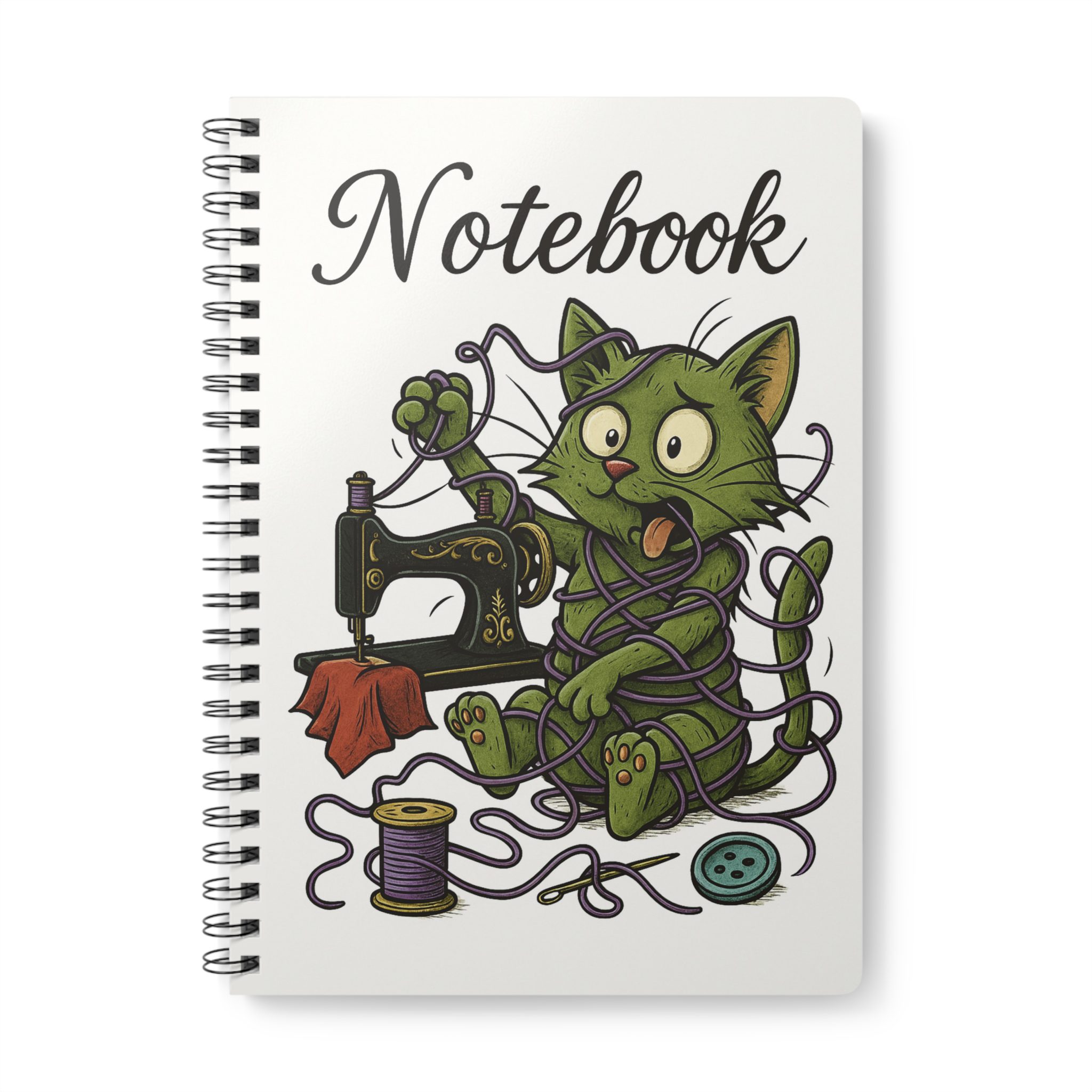 Funny sewing journal featuring cat tangled in yarn beside vintage sewing machine – perfect gift for sewing lovers.