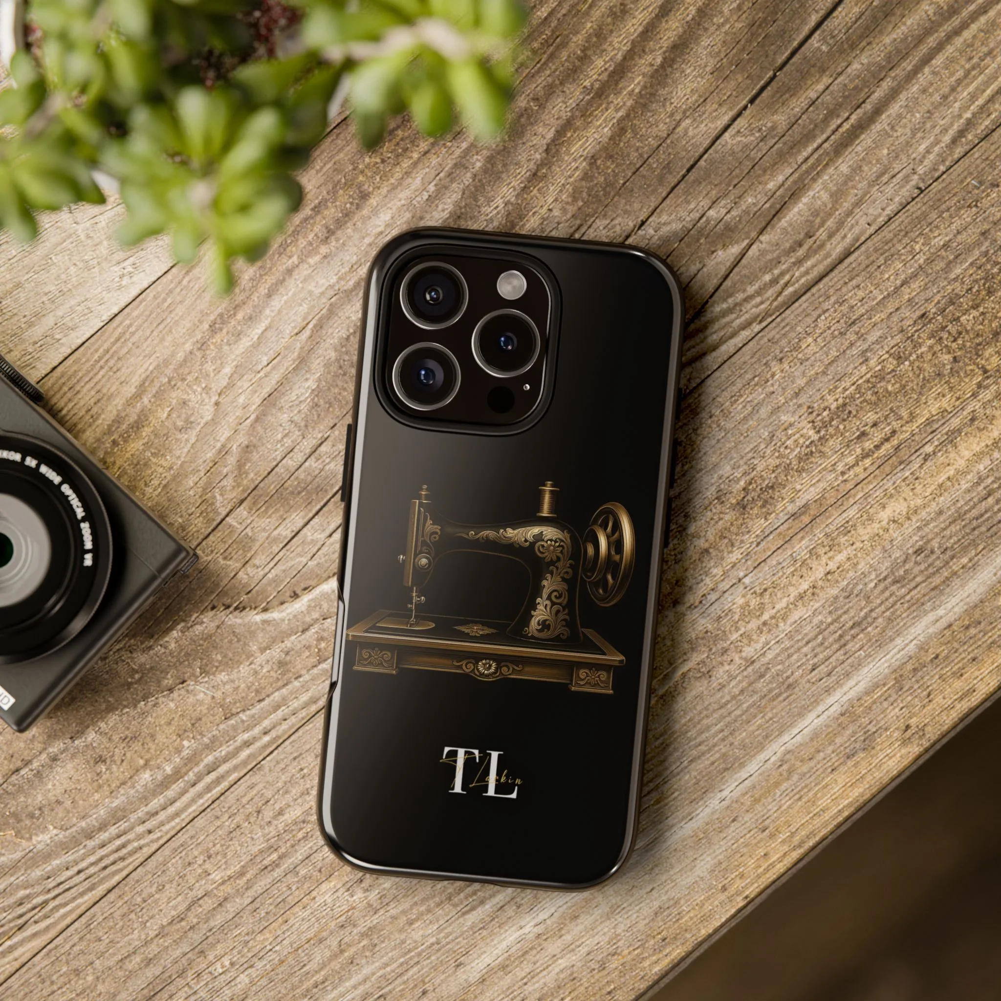 Sewing Phone Case – A Minimalist Gold Vintage Sewing Machine on Black - Image 4