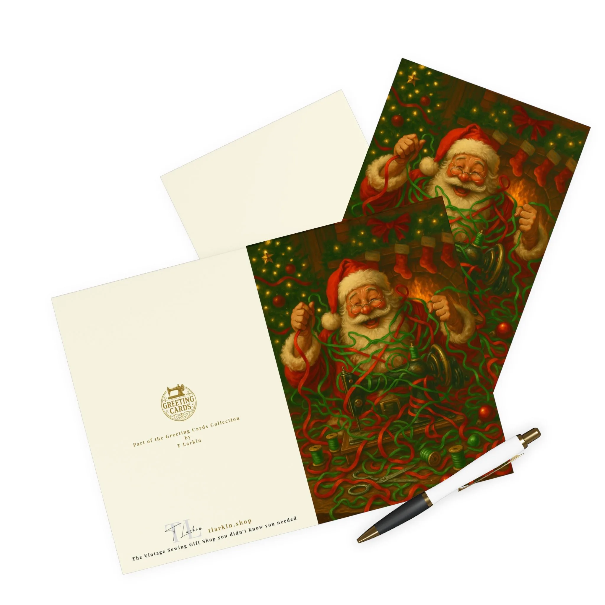 Sewing Christmas Card – Santa’s Ribbon Mayhem at the Sewing Machine, Gift for Sewing Lovers (Pack of 5) - Image 3