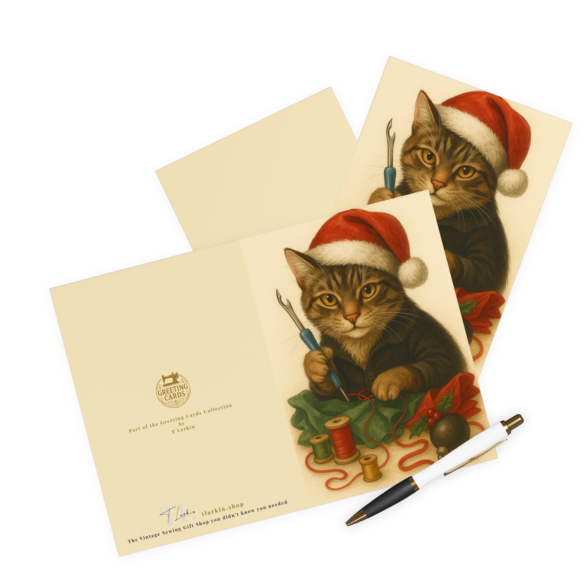Sewing Christmas Card – Cute Festive Sewing Cat with Seam Ripper, Cute Gift for Sewing Lovers (Pack of 5) - Image 3