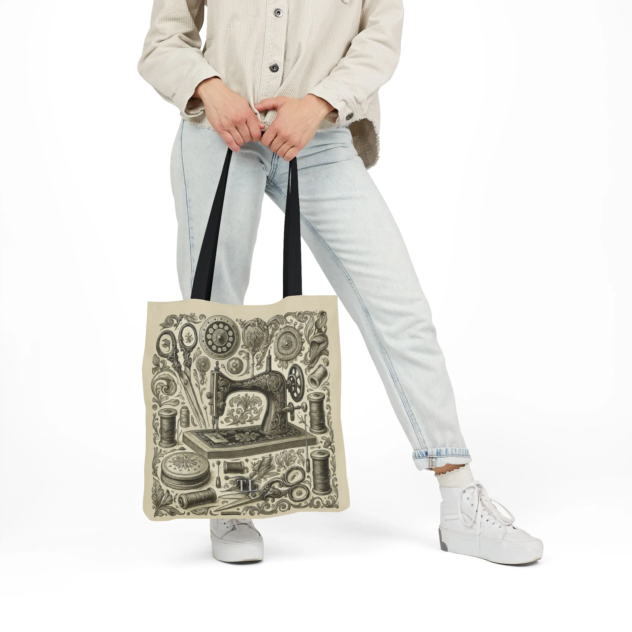 Sewing Tote Bag – Vintage Engraved Sewing Machine Design, Gift for Quilters & Sewing Lovers - Image 3