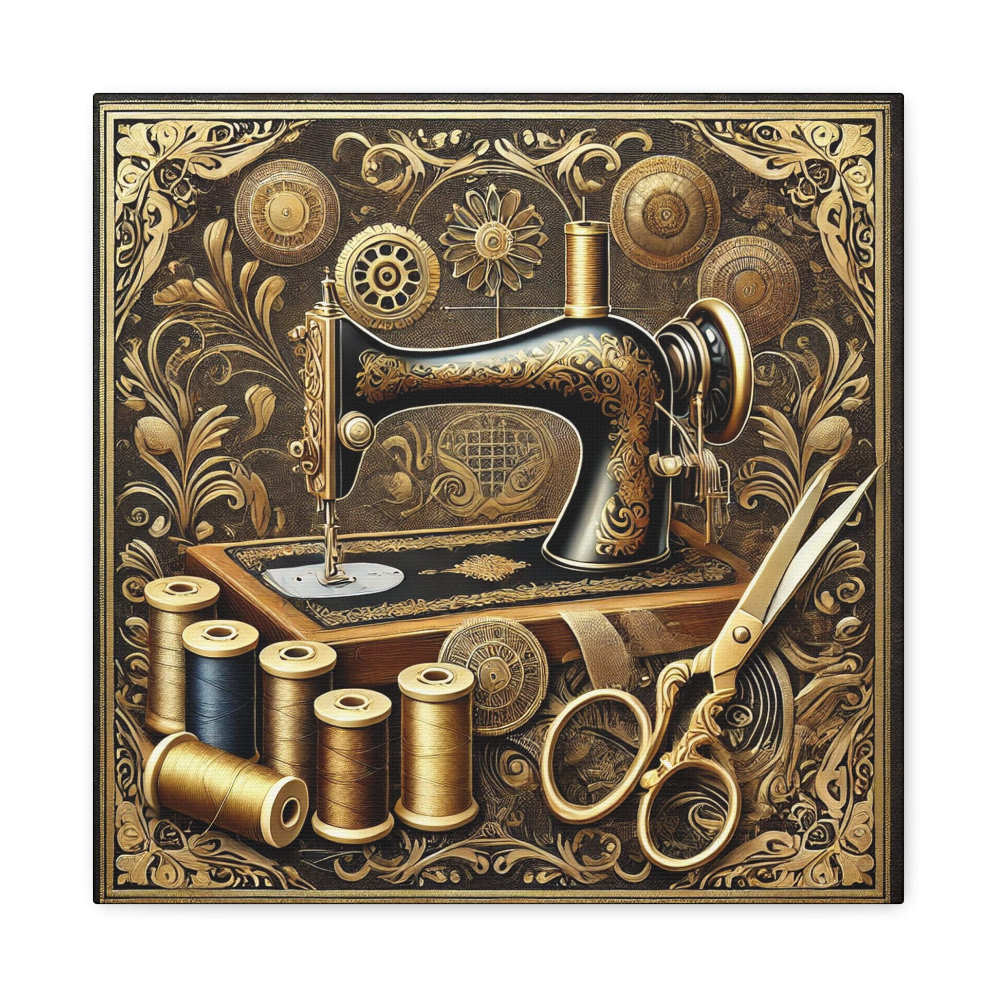 Sewing Canvas Print – Gold Filigree Vintage Sewing Machine Art, Gift for Sewing Lovers & Quilters (16" × 16") - Image 2