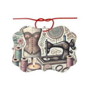 Sewing Christmas Hanging Ornament featuring a vintage sewing machine with dress form, candle, and spools — soft elegant Christmas decoration for quilters and sewing lovers | By T Larkin.