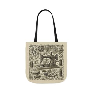 Vintage engraved sewing tote bag with antique sewing machine, scissors, and thread artwork – By T Larkin