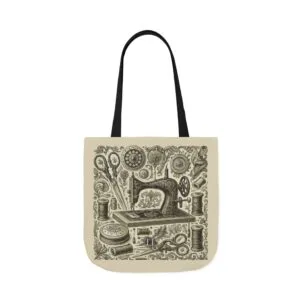 Vintage engraved sewing tote bag with antique sewing machine, scissors, and thread artwork – By T Larkin