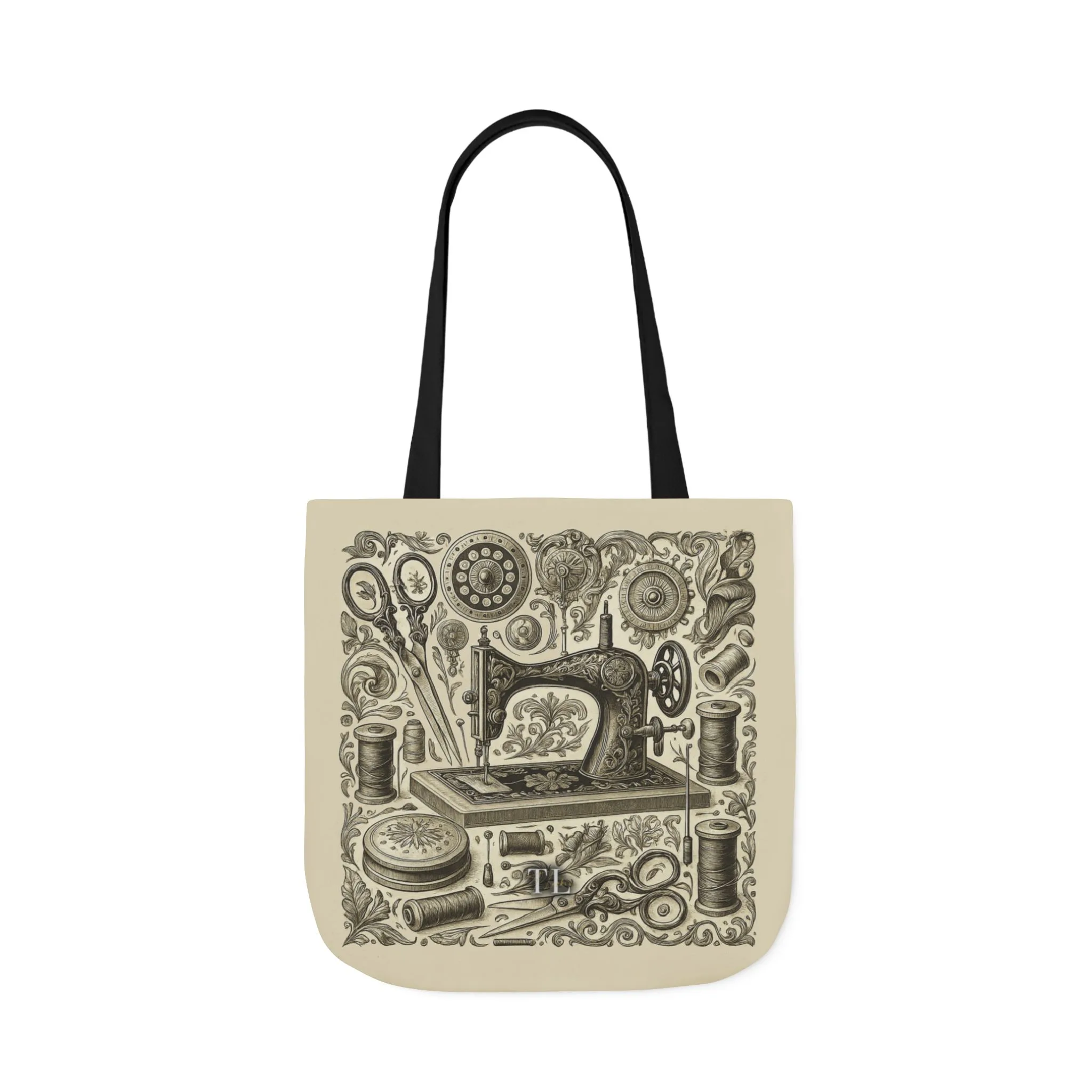 Vintage engraved sewing tote bag with antique sewing machine, scissors, and thread artwork – By T Larkin