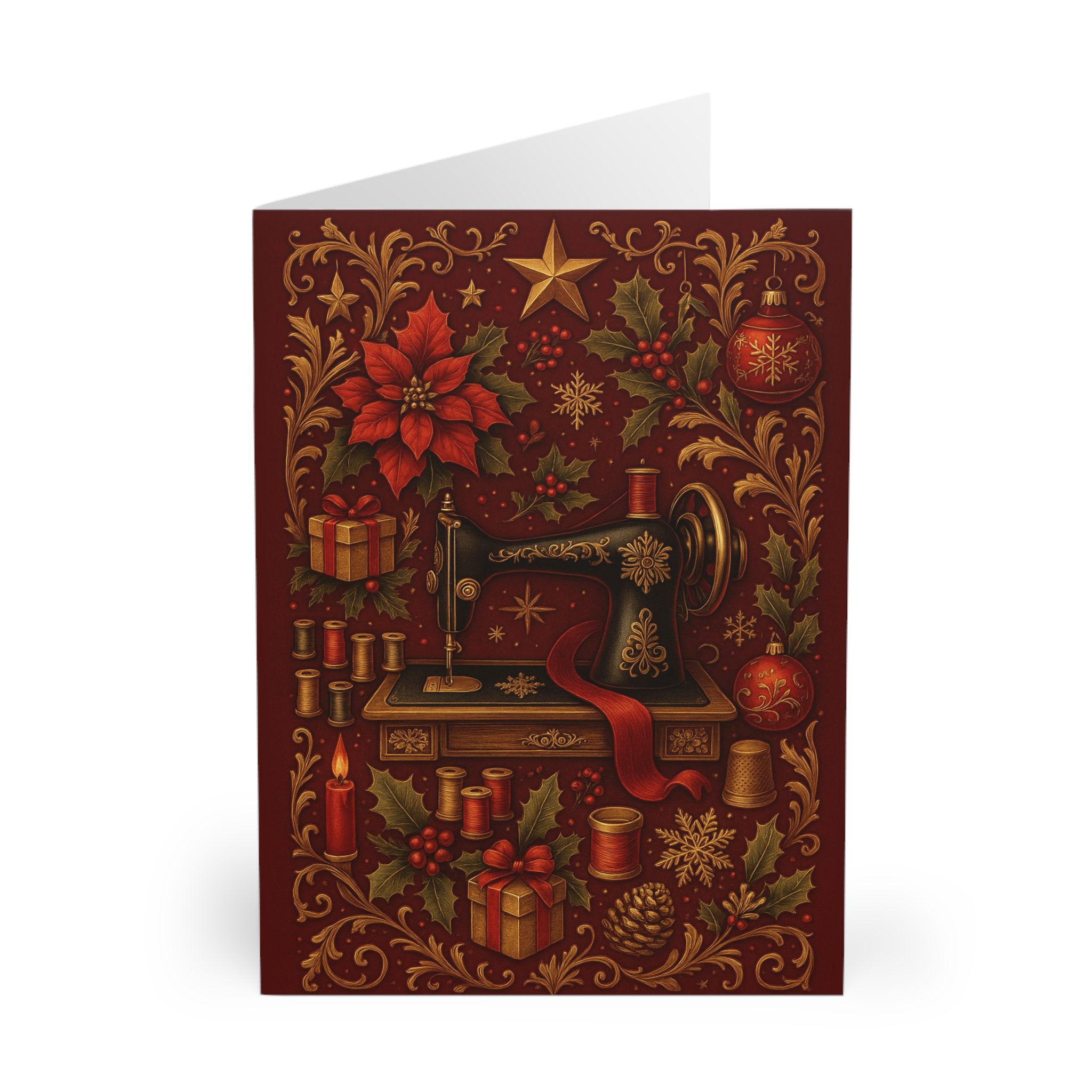 Vintage sewing Christmas card with ornate sewing machine, poinsettias, holly, and festive gold detailing on a deep red background | by T Larkin.