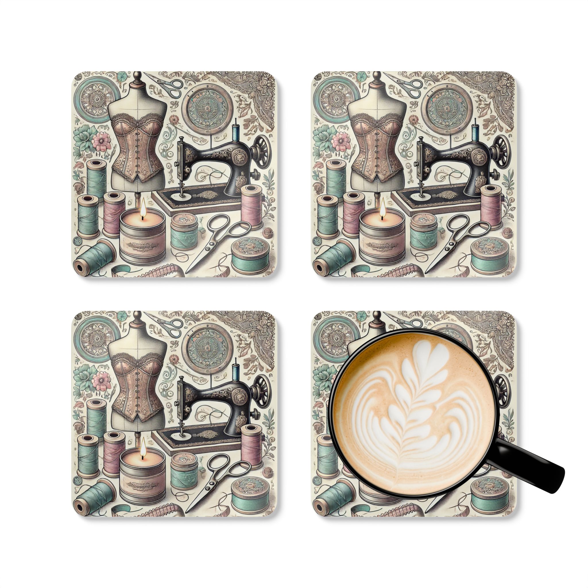 Sewing Coasters – Vintage Dressform, Corset & Sewing Machine Design, Gift for Sewing Lovers (Set of 4) - Image 6