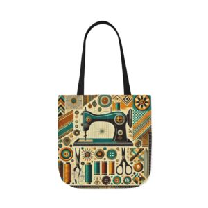 Mid-century modern sewing tote bag with teal and ochre sewing machine pattern | By T Larkin