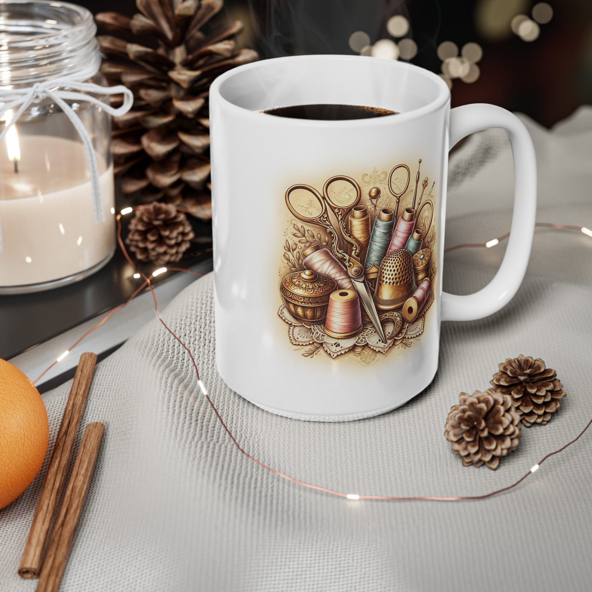 Sewing Mug – Vintage Sewing Tools & Thimble Design, Elegant Gift for Quilters & Sewing Lovers - Image 10