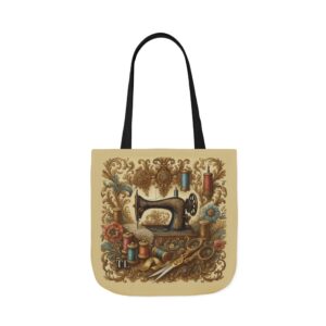 Baroque vintage sewing tote bag with ornate sewing machine, spools, and golden scissors | By T Larkin.