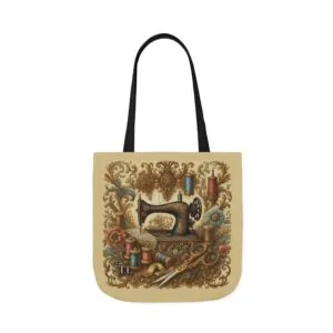 Baroque vintage sewing tote bag with ornate sewing machine, spools, and golden scissors | By T Larkin.