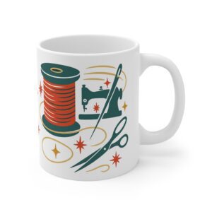 Retro sewing mug design with vintage spool, scissors, and sewing machine in mid-century colours – nostalgic gift for sewing lovers | By T Larkin.