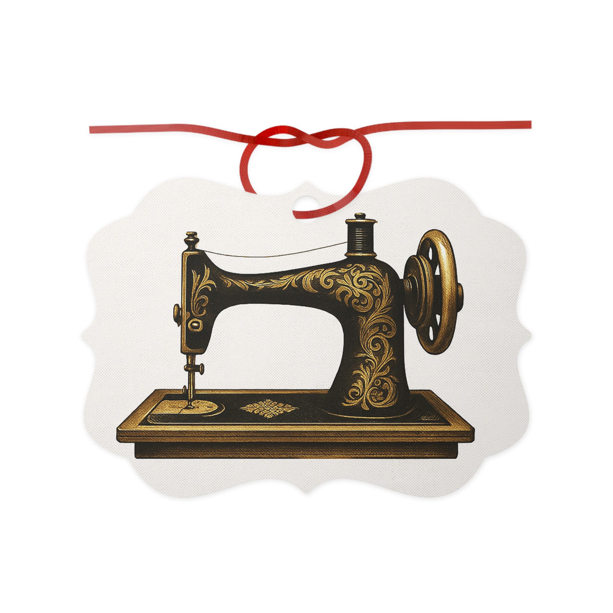 Sewing Christmas Hanging Ornament featuring a classic vintage sewing machine with gold detailing on a white background — elegant Christmas gift for quilters and sewing lovers | By T Larkin.