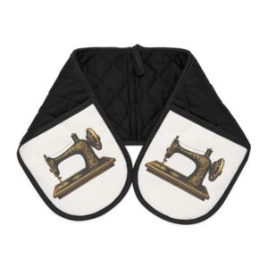 White sewing oven mitts featuring an ornate gold vintage sewing machine on a clean background, quilted and heat-resistant, elegant kitchen gift for sewing lovers | by T Larkin.