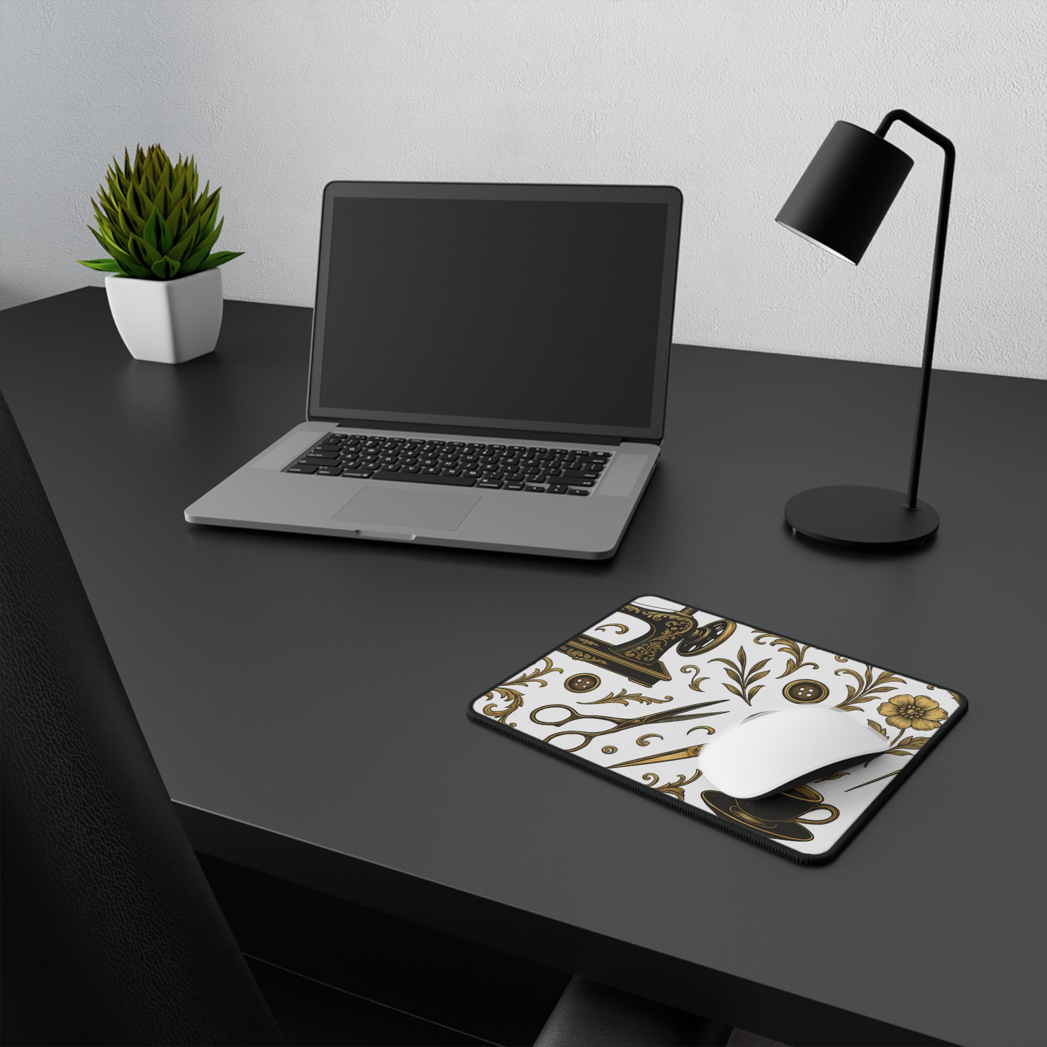 Sewing Mouse Mat – Gold Sewing Pattern with Scissors & Teacup Design, Elegant Gift for Quilters & Sewing Lovers - Image 4