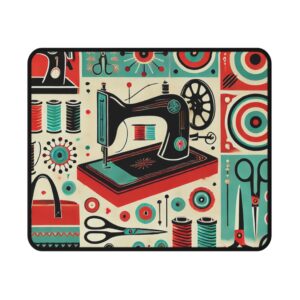 Retro pop-art sewing mouse mat featuring vintage sewing machines, scissors, and spools in bold teal, red, and cream tones — colourful gift for sewing lovers | By T Larkin.