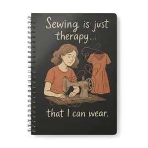 Funny sewing notebook with “Sewing Is Just Therapy That I Can Wear” design