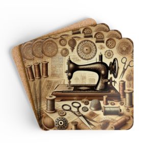 Vintage sewing coasters with antique sewing machine, tailor’s tools, bobbins, scissors and sepia illustrations, glossy MDF top and cork backing | By T Larkin.