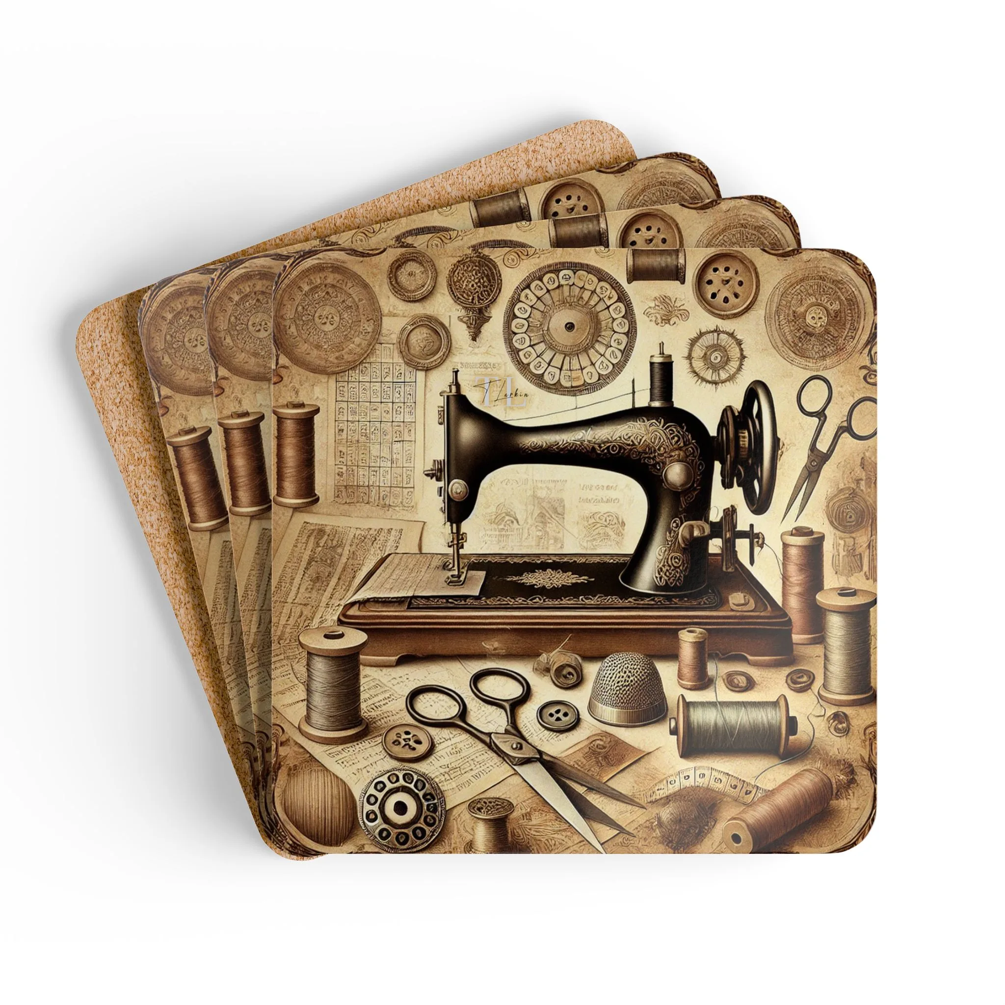 Vintage sewing coasters with antique sewing machine, tailor’s tools, bobbins, scissors and sepia illustrations, glossy MDF top and cork backing | By T Larkin.
