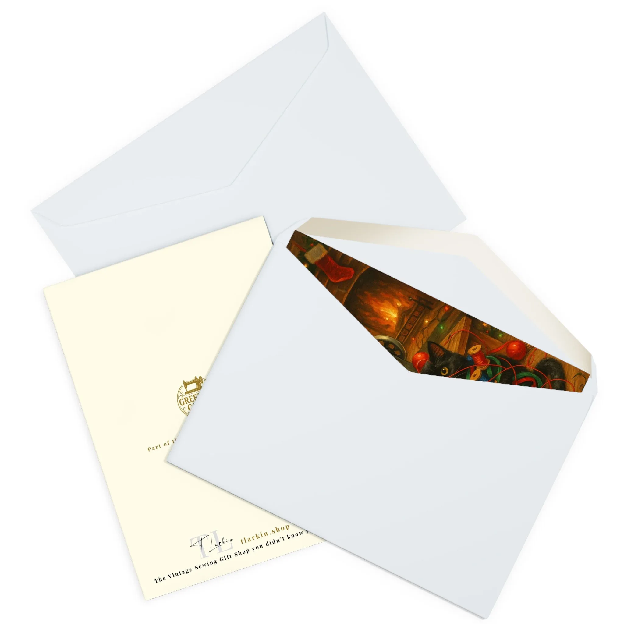 Sewing Christmas Card – Festive Sewing Cats by the Fireplace, Gift for Sewing Lovers (Pack of 5) - Image 4