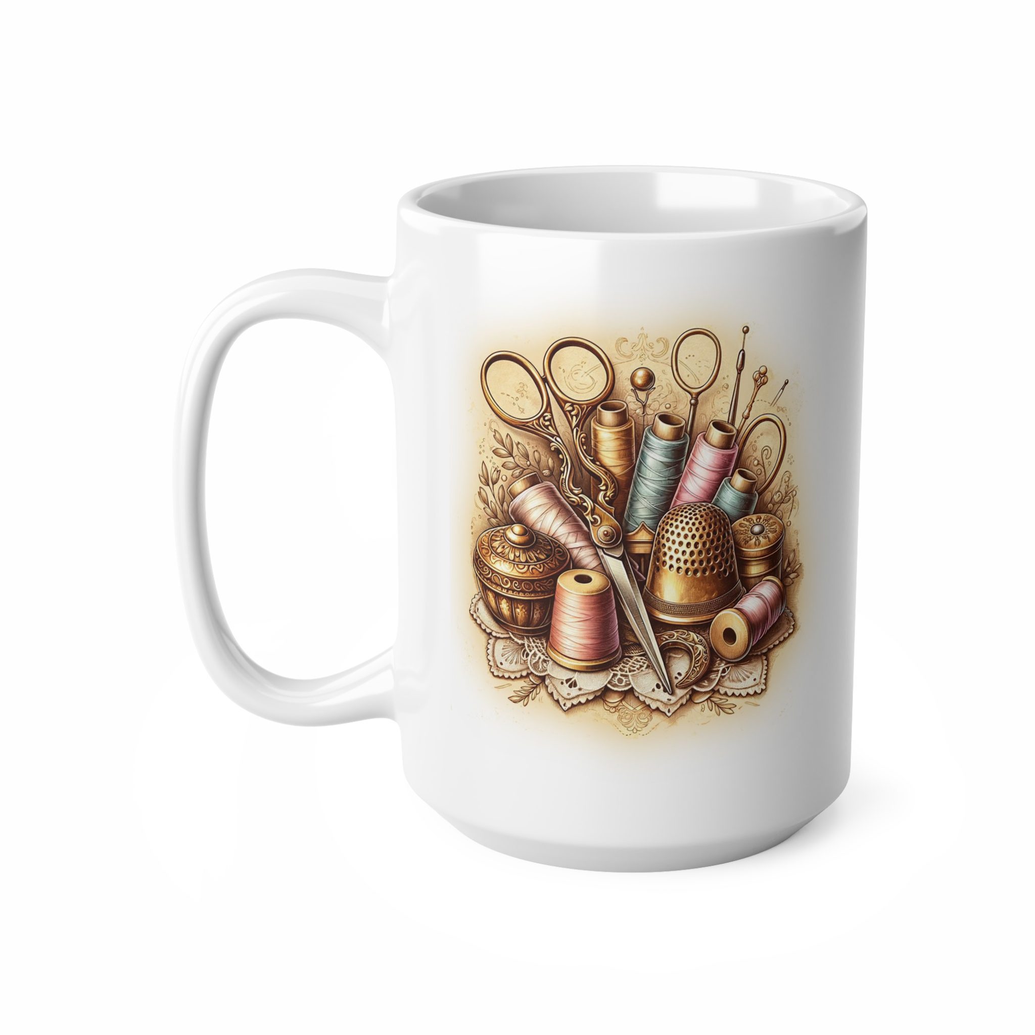 Sewing Mug – Vintage Sewing Tools & Thimble Design, Elegant Gift for Quilters & Sewing Lovers - Image 8