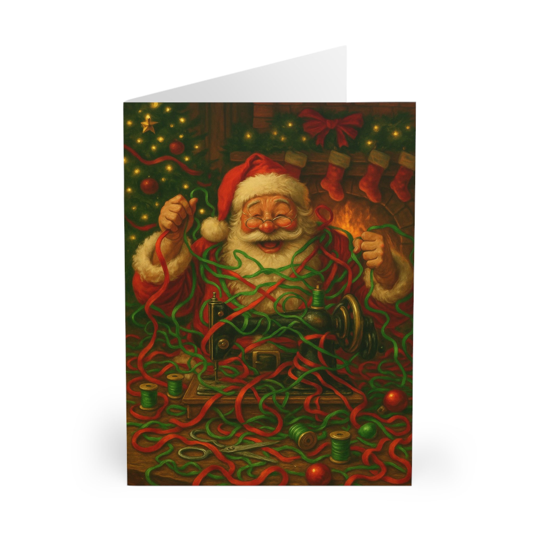 Festive sewing Christmas card with Santa tangled in red and green ribbons, vintage sewing machine, fireplace and Christmas tree — cosy holiday card for sewing lovers | by T Larkin.