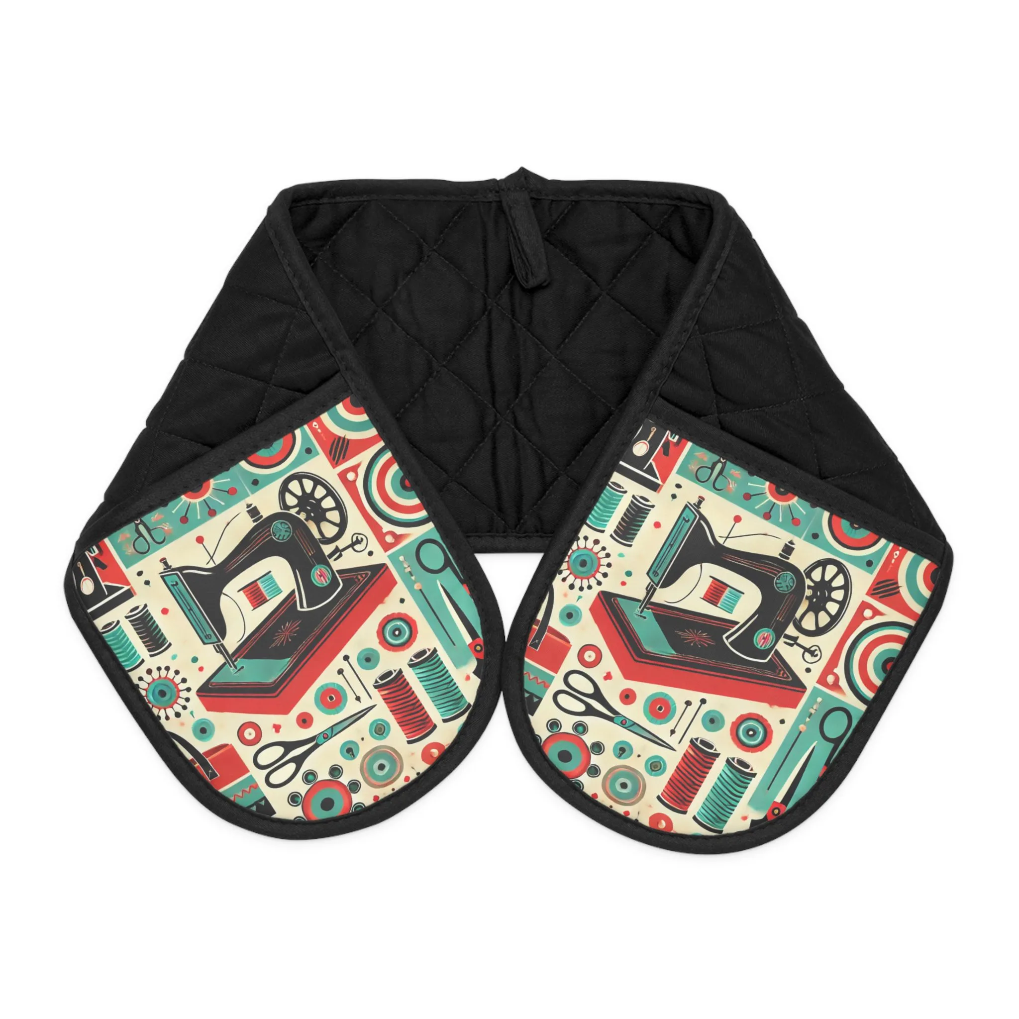 Retro sewing oven mitts with teal and red sewing machine pattern, spools, buttons, and scissors on a cream background, quilted and heat-resistant | by T Larkin.