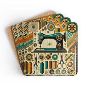 Retro geometric sewing coasters with teal and mustard sewing machine artwork, spools, buttons and bold patterns, glossy MDF top and cork backing | By T Larkin.