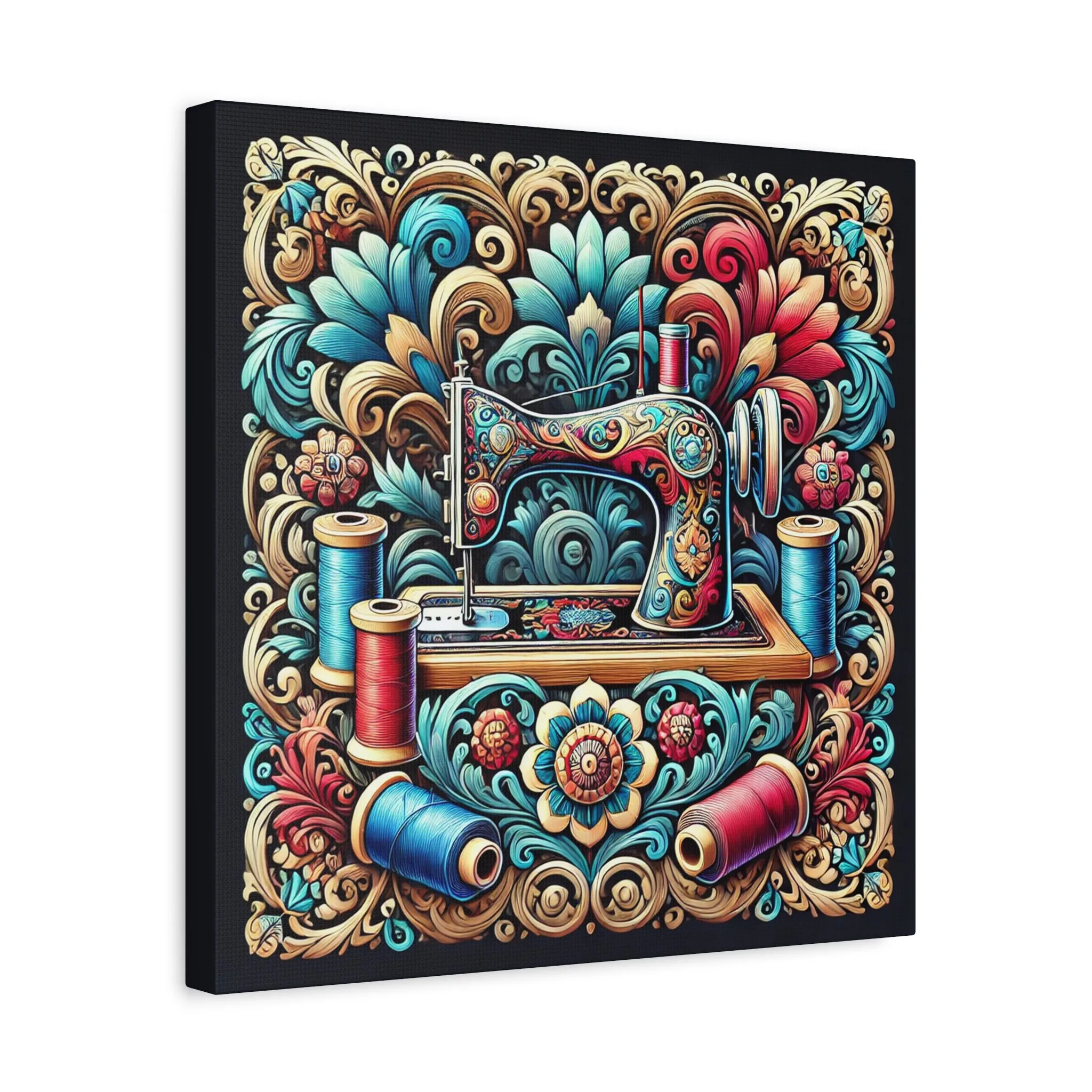Ornate teal and red vintage sewing machine artwork with floral filigree printed on a 16x16 sewing canvas print | by T Larkin.