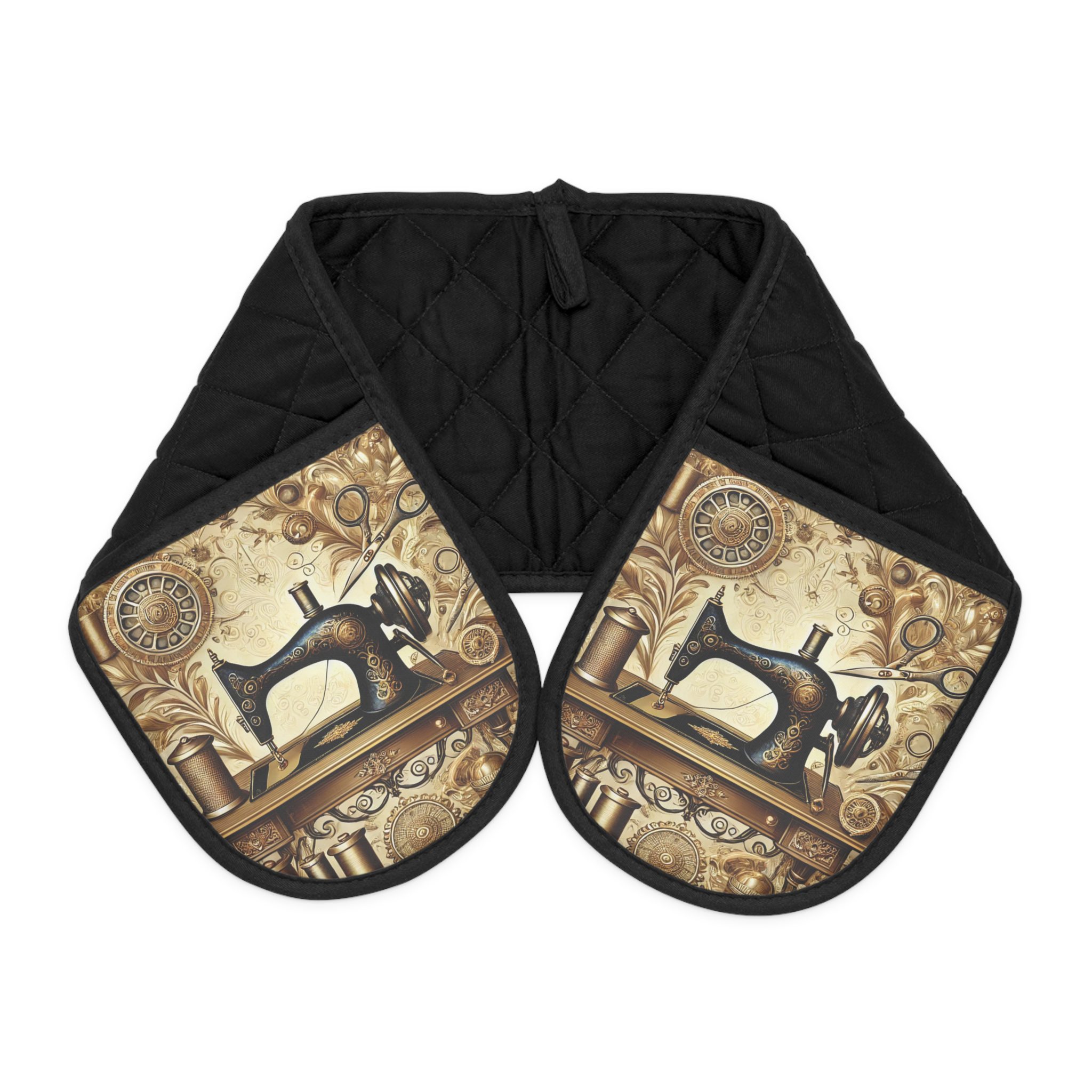 Vintage sewing oven mitts with ornate antique sewing machine, scissors, thread spools, and gears in warm golden tones, quilted and heat-resistant | by T Larkin.