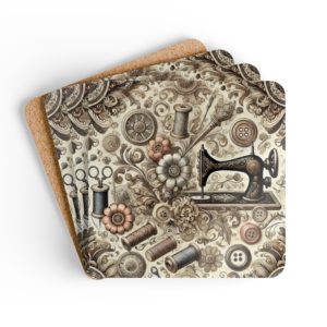 Vintage sewing coasters with floral elements, buttons, thread spools and antique sewing machine artwork in sepia tones, glossy MDF top and cork backing | By T Larkin.