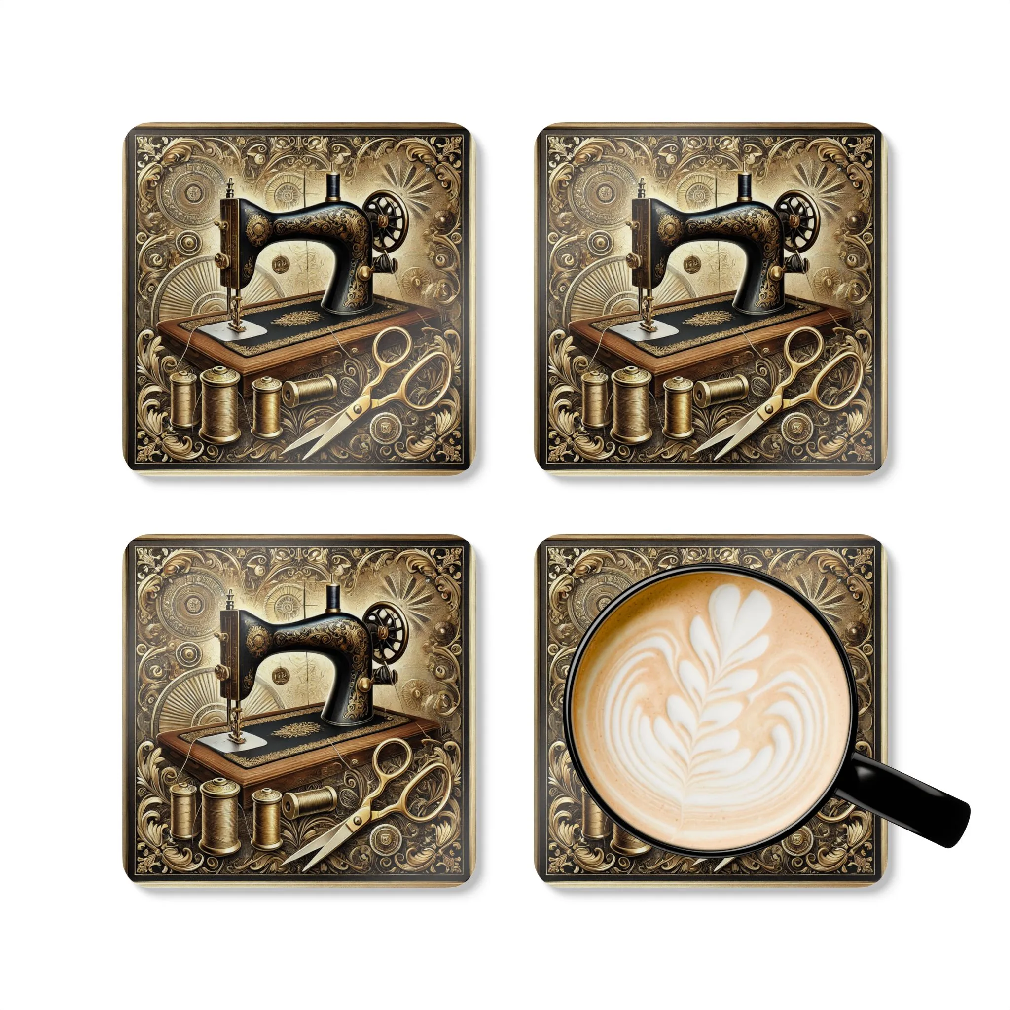 Sewing Coasters – Gold Vintage Sewing Machine & Tailor’s Tools Design, Gift for Sewing Lovers (Set of 4) - Image 6