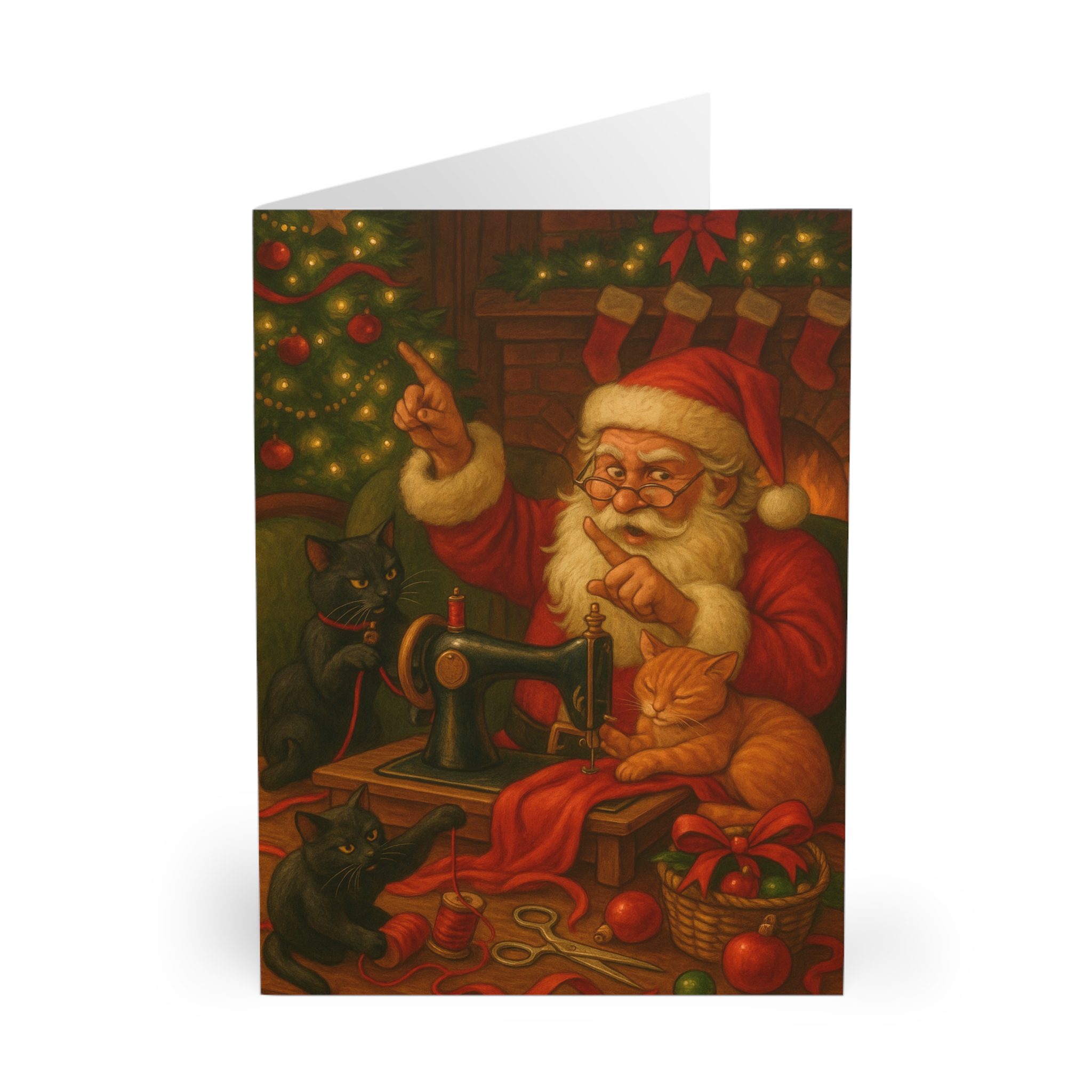 Festive sewing Christmas card with Santa sewing at a vintage machine surrounded by playful cats, Christmas tree and fireplace — cosy holiday card for sewing lovers | by T Larkin.