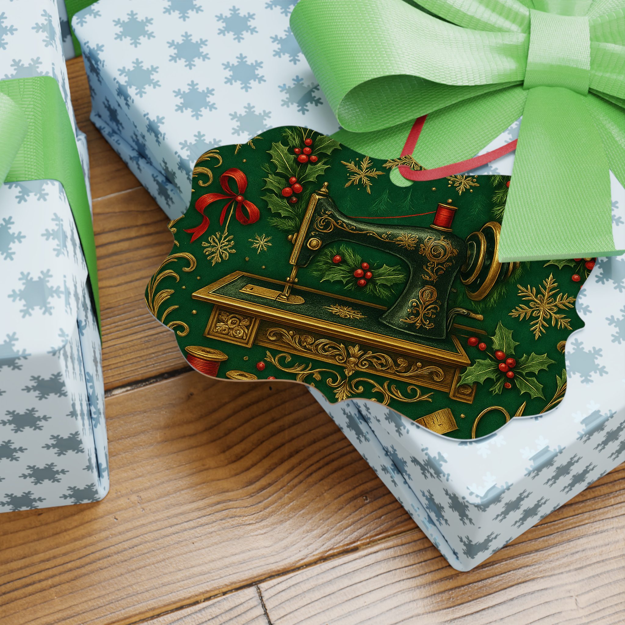 Sewing Christmas Hanging Ornament – Green & Gold Vintage Sewing Machine Decoration & Gift for Quilters and Sewing Lovers - Image 4