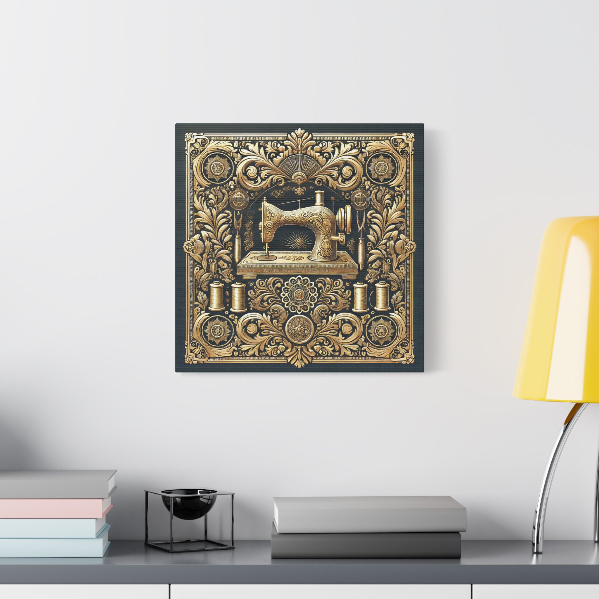 Sewing Canvas Print – Regal Gold Vintage Sewing Machine Art, Gift for Sewing Lovers & Quilters (16" × 16") - Image 3