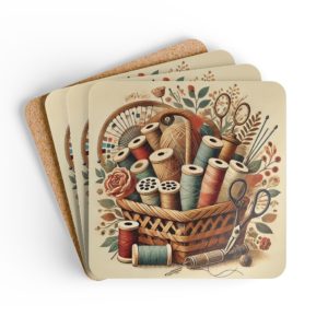 Vintage sewing coasters with illustrated thread basket, yarn, scissors, flowers and sewing notions, glossy MDF top and cork backing | By T Larkin.