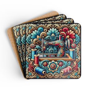 Colourful vintage sewing coasters with ornate floral artwork, vibrant sewing machine illustration and thread spools, glossy MDF top and cork backing | By T Larkin.