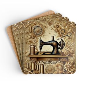 Gold floral vintage sewing coasters with ornate sewing machine artwork, bobbins, scissors, and decorative flourishes, glossy MDF top and cork backing | By T Larkin.