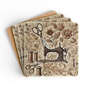 Floral vintage sewing coasters with ornate sewing machine, sepia florals, thread spools and tailor’s tools, glossy MDF top and cork backing | By T Larkin.